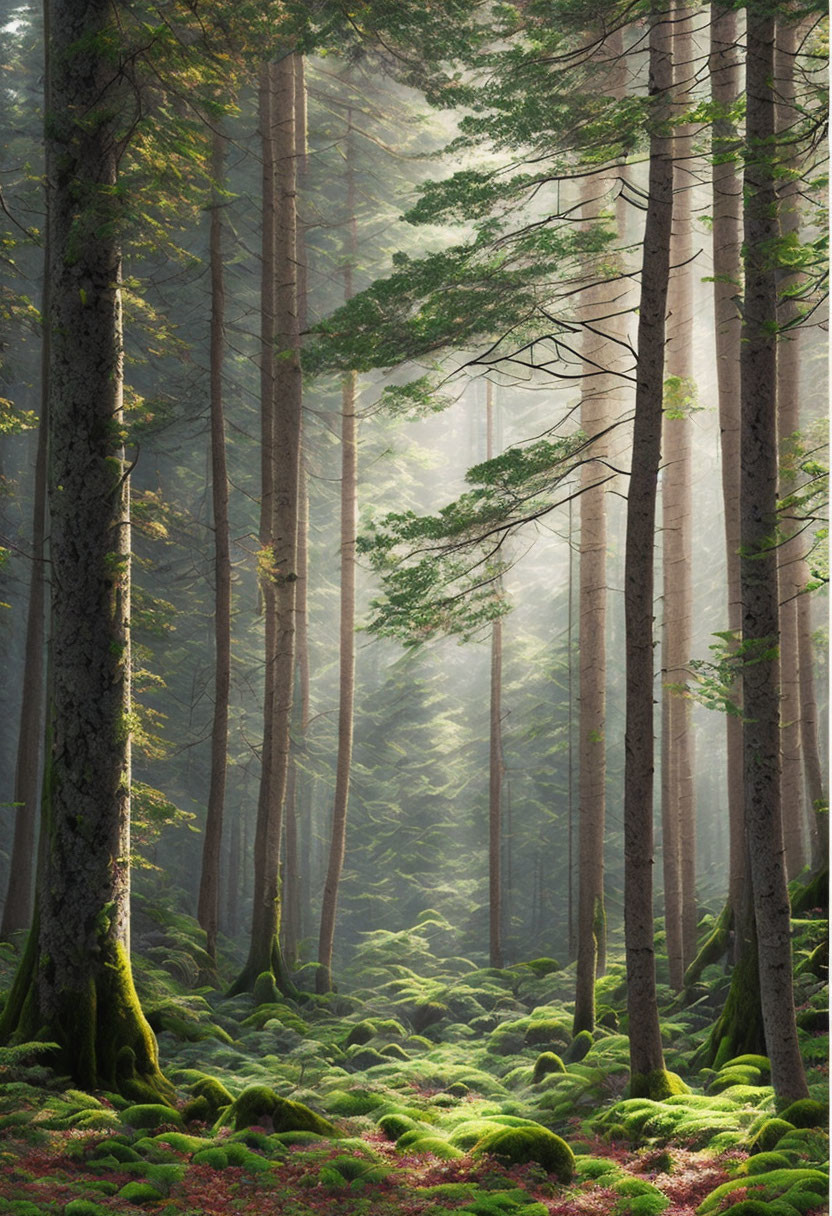 Dense Forest with Sunlight Filtering Through Tall Tree Trunks