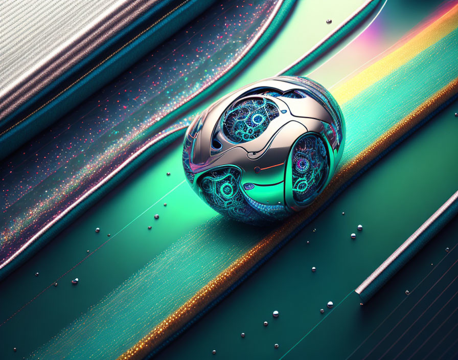 Metallic spherical object with intricate patterns on colorful iridescent surface