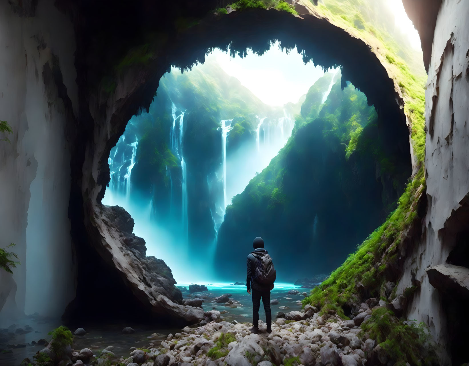 Person admiring cave entrance with waterfalls and lush greenery