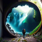 Person admiring cave entrance with waterfalls and lush greenery