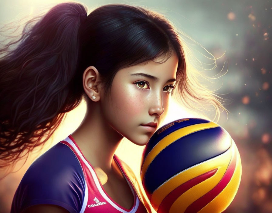 Young girl with determined expression holding volleyball against warm backdrop