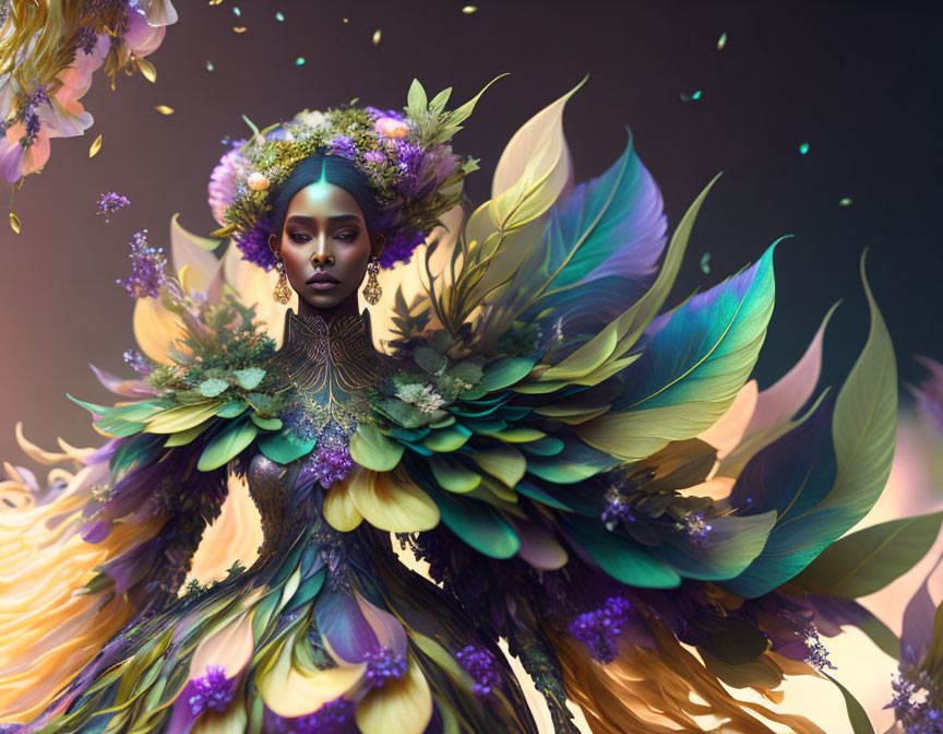 Colorful Woman with Feathers and Flowers in Mystical Image