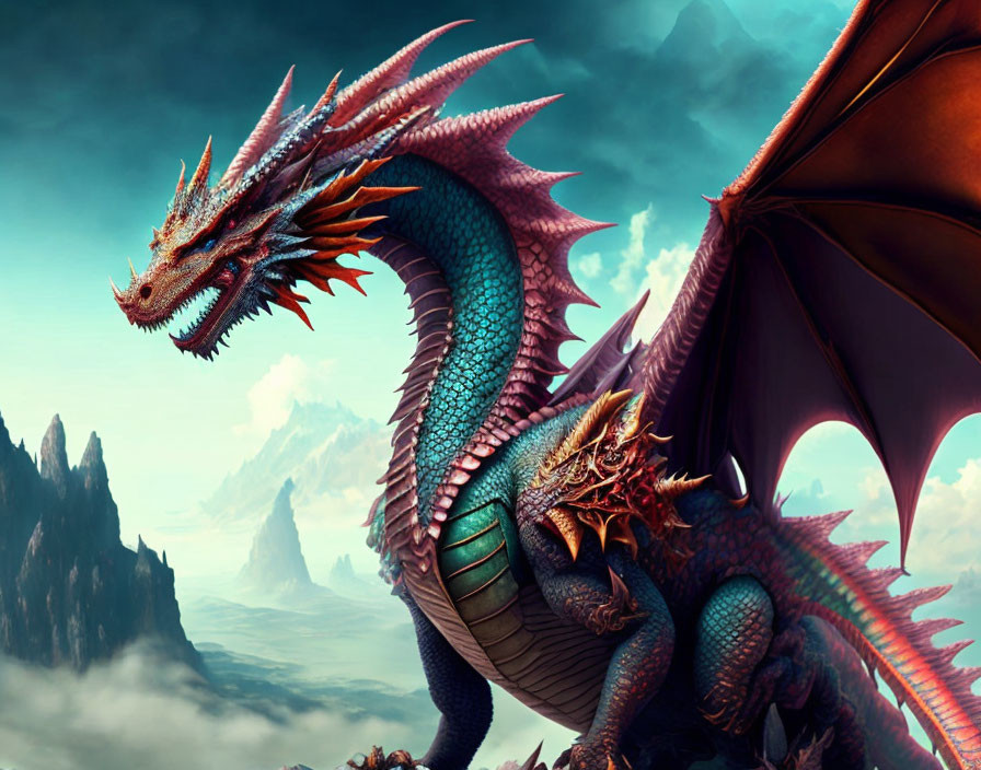 Detailed Dragon Artwork with Vibrant Colors and Rocky Landscape