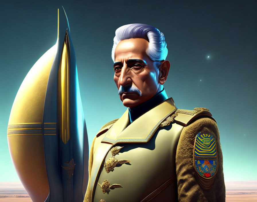 Illustrated dignitary in military attire with medals, standing by rocket in desert backdrop