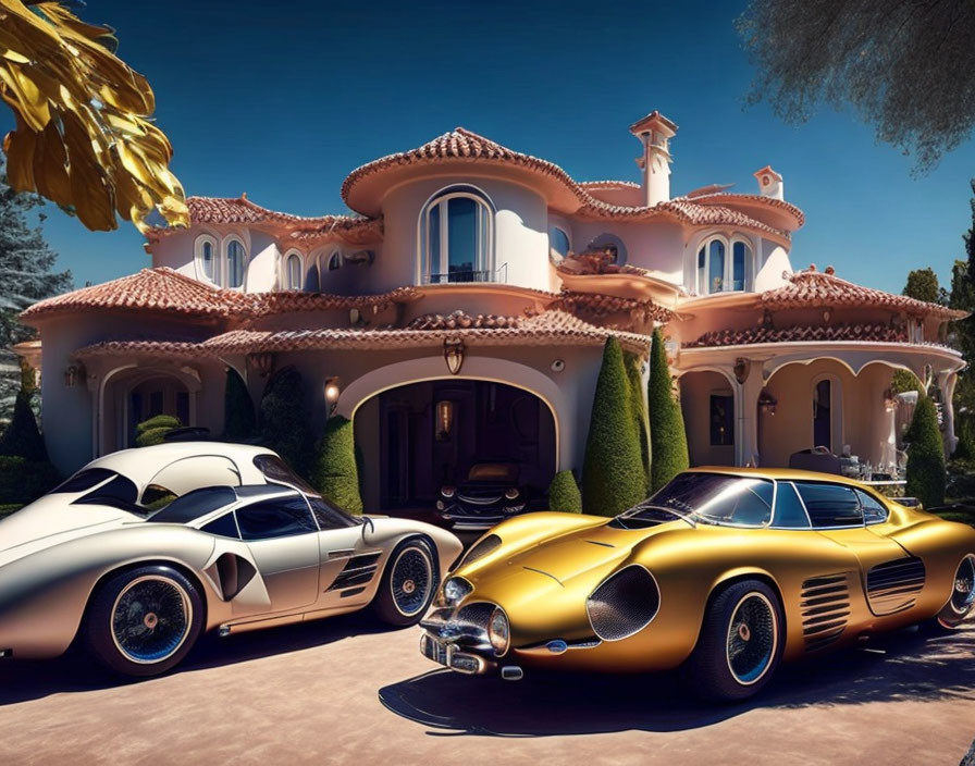 Elegant luxury villa with terra-cotta exterior and vintage sports cars