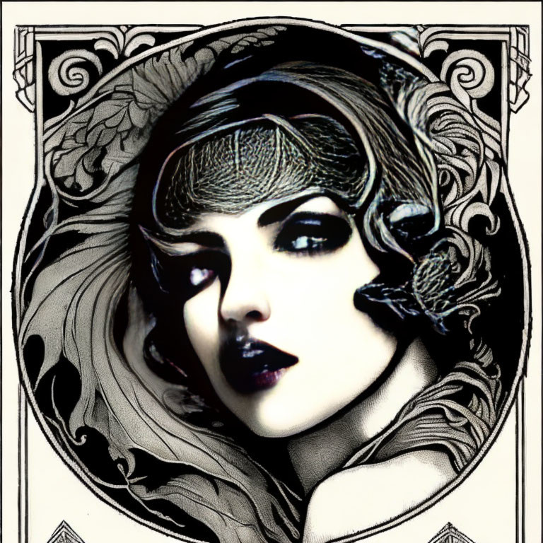 Monochromatic Art Nouveau portrait of a woman with intricate floral motifs