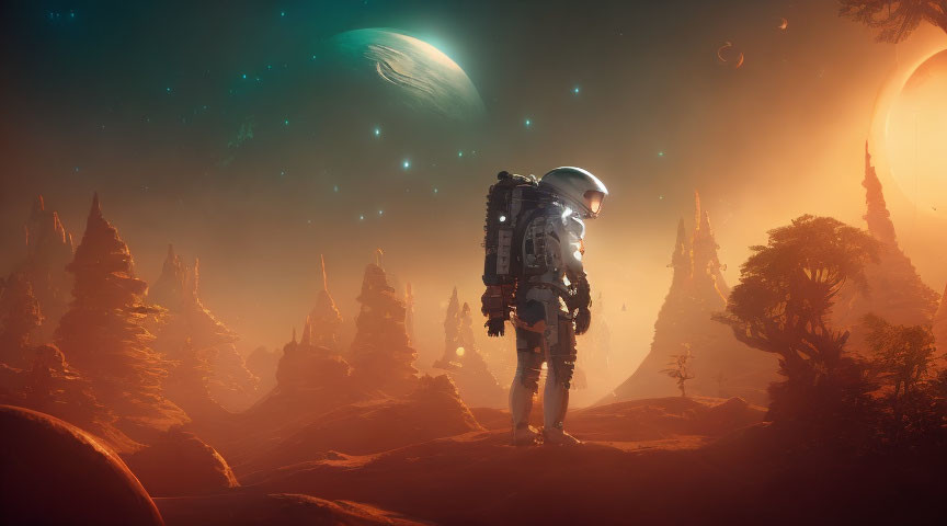 Astronaut on alien landscape with towering spires, ringed planet, and starry sky