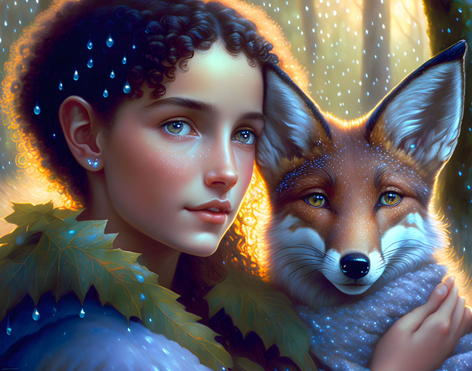 Digital artwork: Girl with curly hair and blue eyes with realistic fox, water droplets, leaves,