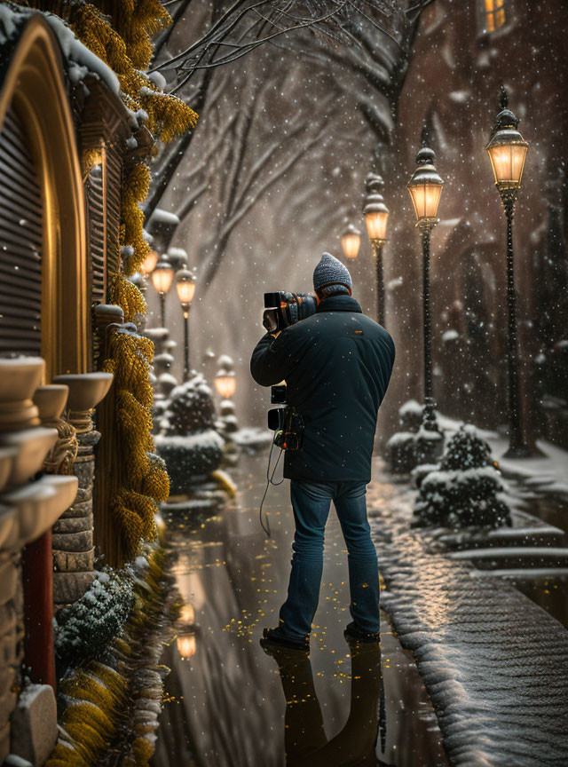 Person in Winter Coat Captures Snowy Night Street Scene