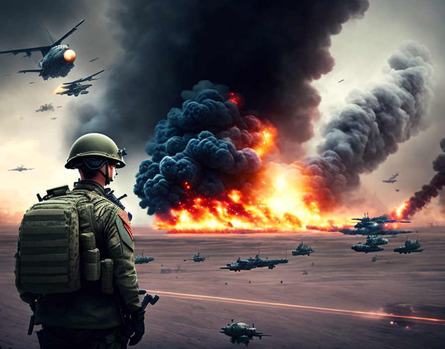 Soldier observing battlefield with explosions, aircraft, and tanks in combat