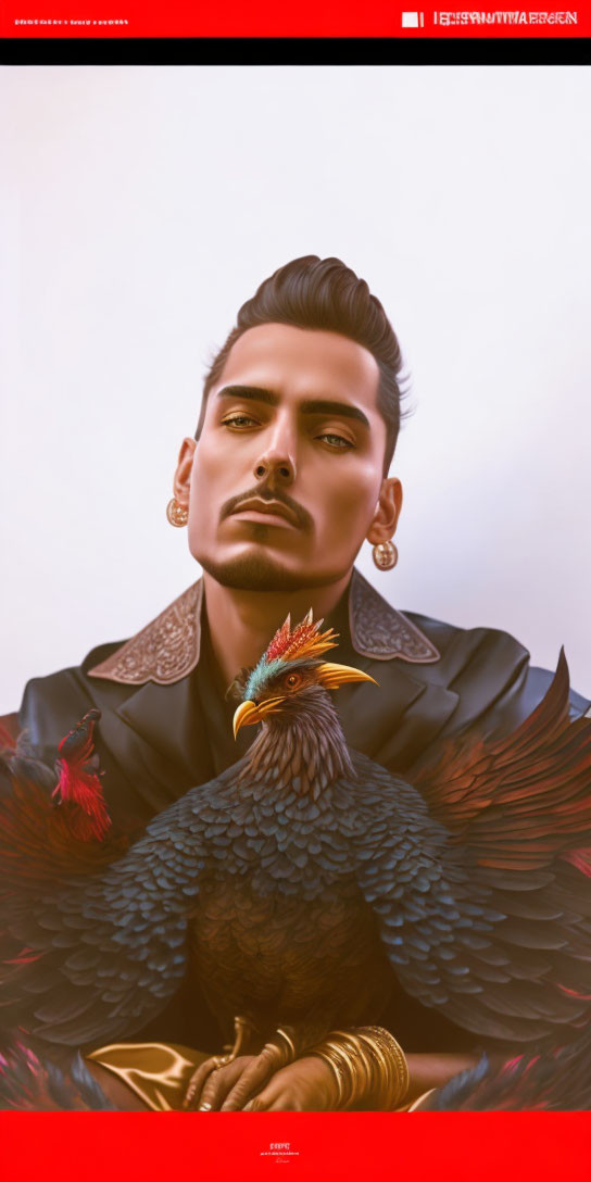 Stylized person with sharp hairstyle and wing-like jacket holding a red rooster