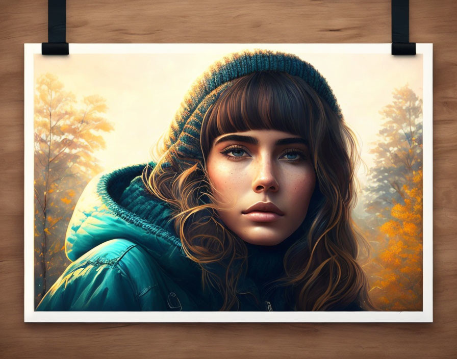 Digital painting of woman with large brown eyes, green beanie, blue jacket, in autumn forest.