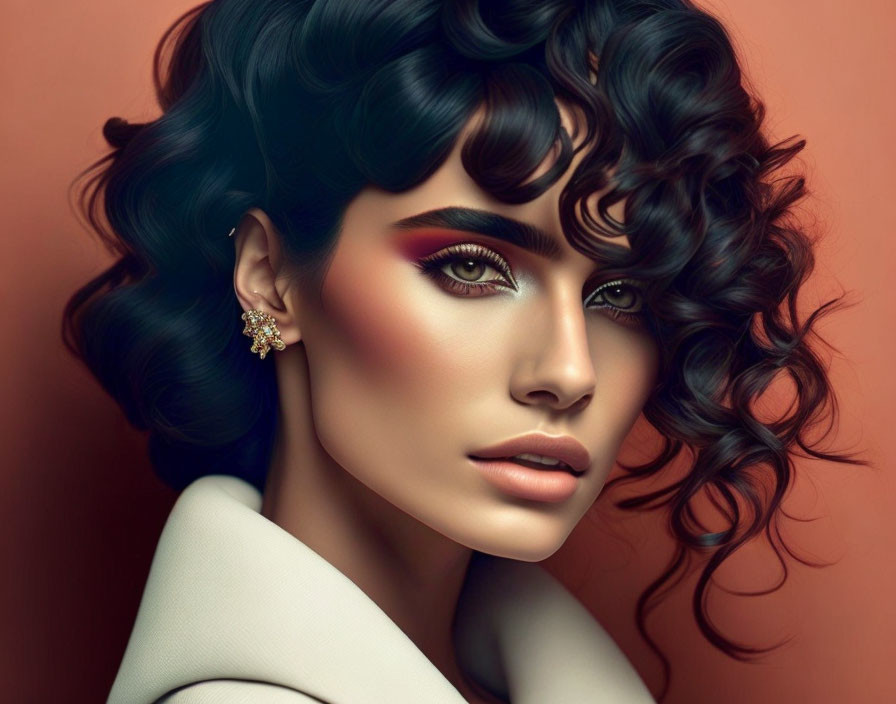 Dark Curly Haired Woman with Bold Red Eyeshadow and Elegant Earring on Orange Background