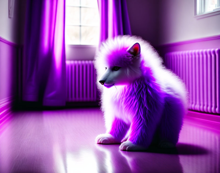 Digitally altered image of fluffy dog with surreal purple glow near window.