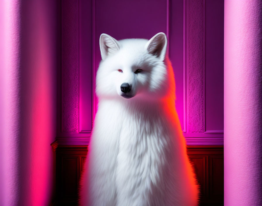 Fluffy white dog under pink and red neon lights in elegant room