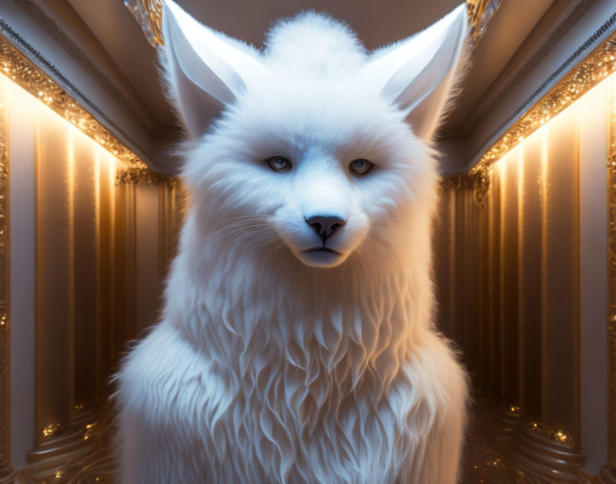 Majestic white fox in ornate golden-lit corridor