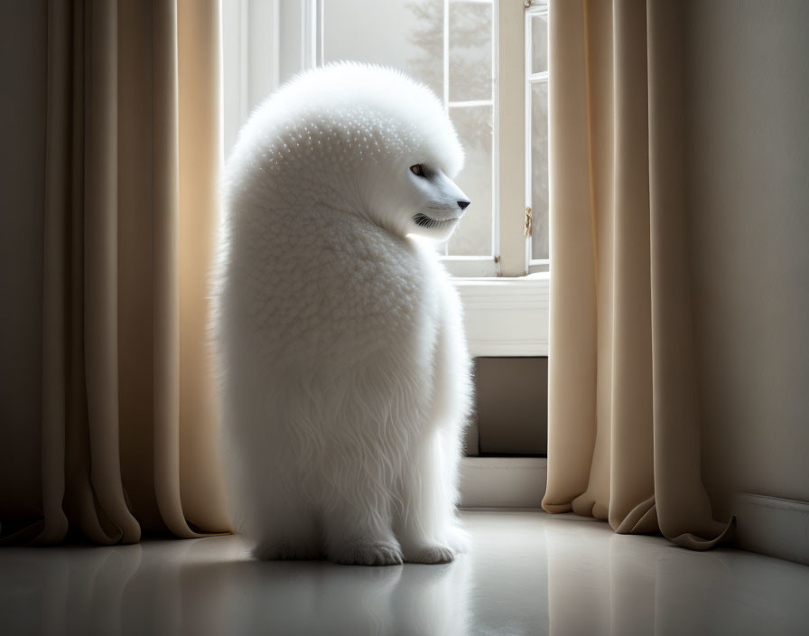 White fluffy bear-like creature basking in window light