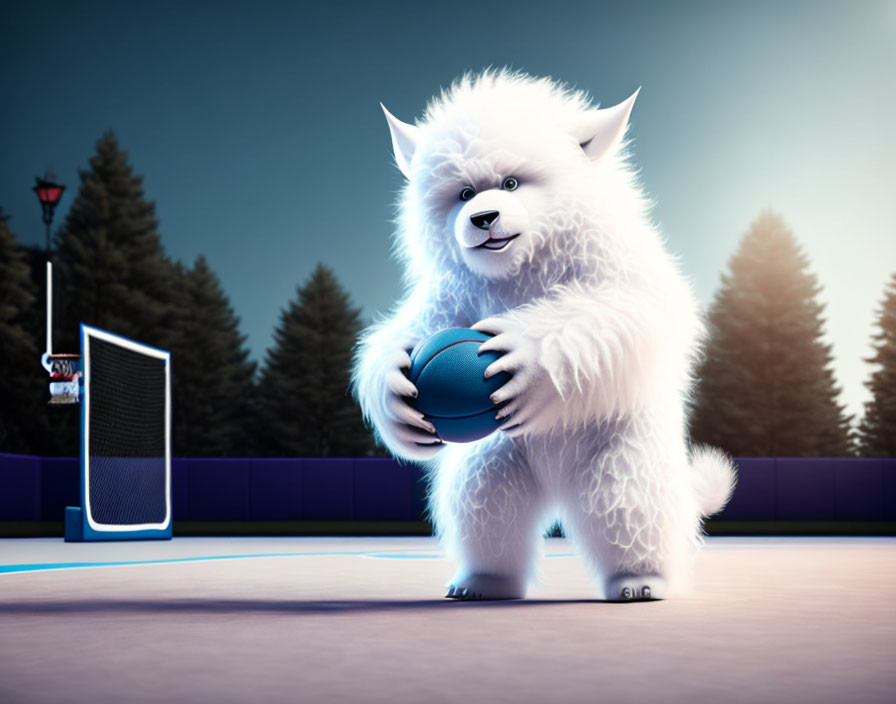 White animated dog on basketball court with blue ball at twilight