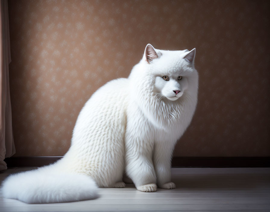 Fluffy white cat with blue eyes against patterned wallpaper