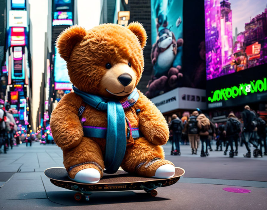 Teddy bear skateboarding in Times Square with colorful billboards and blurred figures.