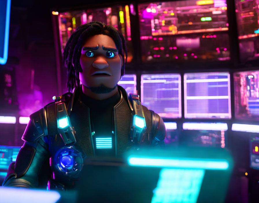 Futuristic 3D male character with dreadlocks in neon armor in glowing room