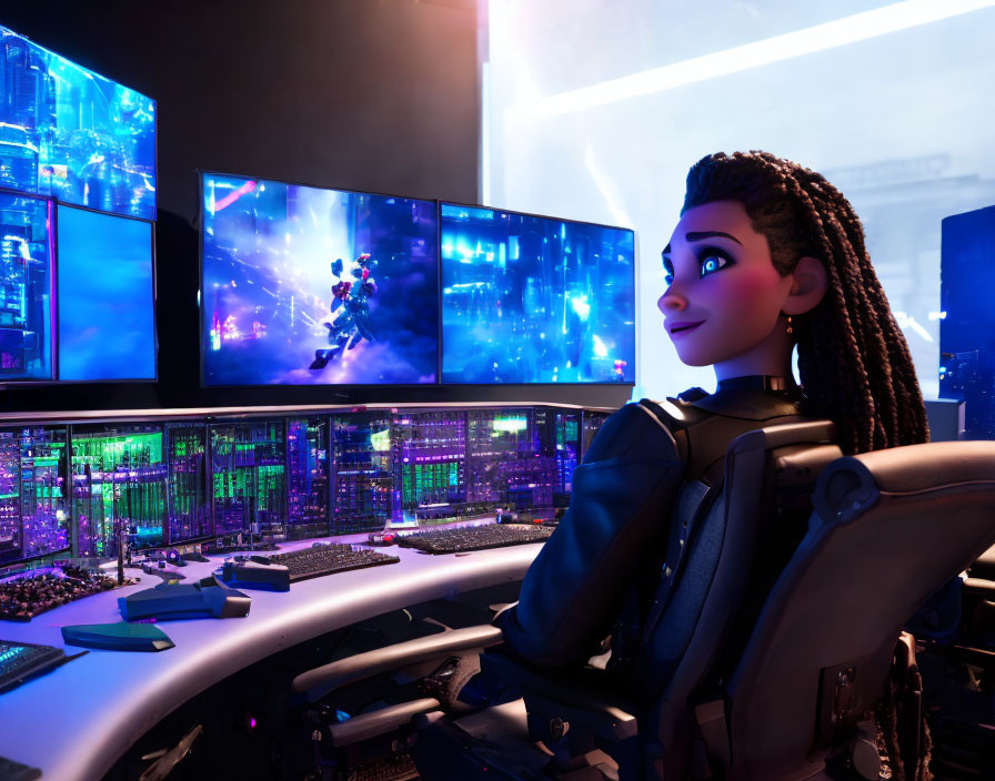 Futuristic 3D animated character with braided hair in neon-lit control room