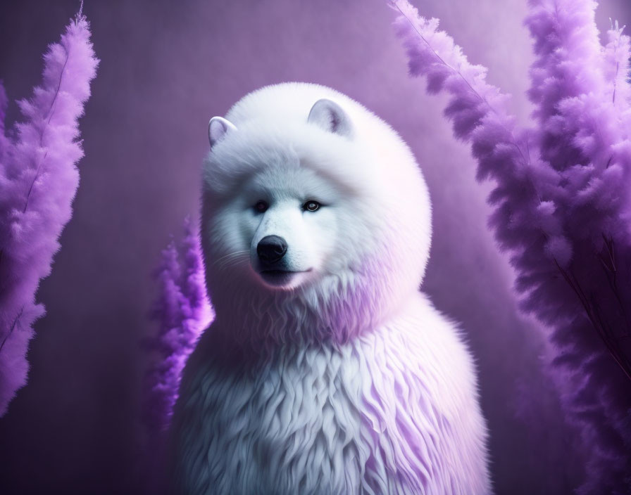 Fluffy white Samoyed dog portrait with purple background and foliage