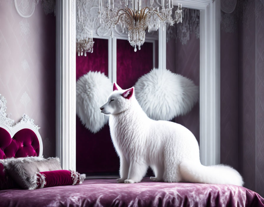 Elegant white fox on purple velvet bench with angel wings and chandelier