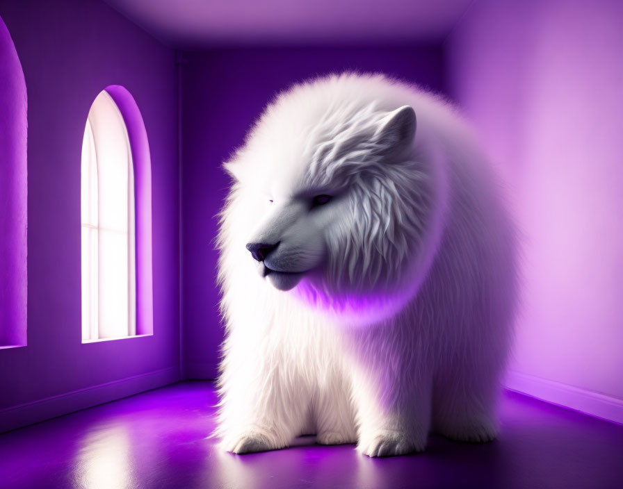 Fluffy white dog in purple room with arched window