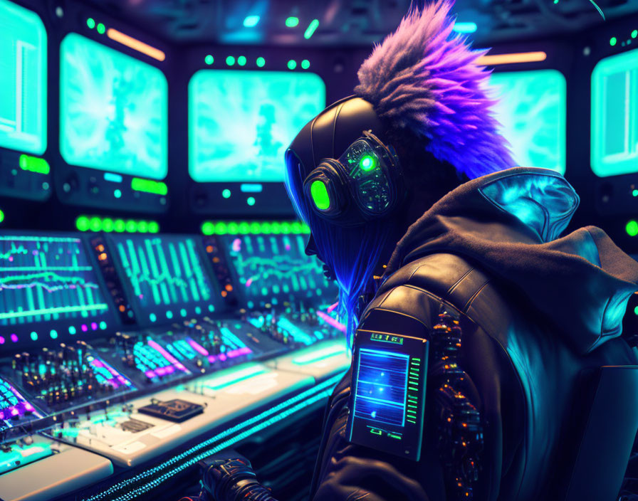 Futuristic gas mask wearer at control panel with glowing green eyes