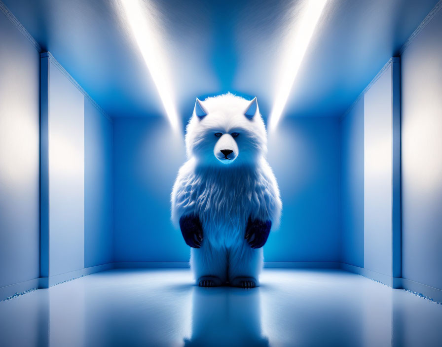 Blue fluffy anthropomorphic creature in futuristic illuminated room