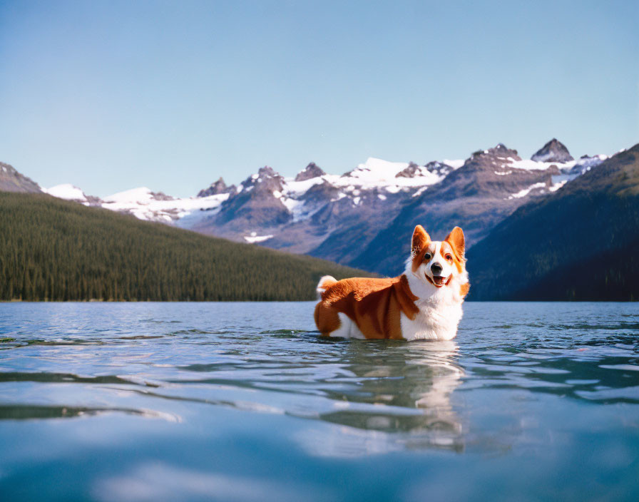 Pembroke Welsh Corgi in shallow water with snowy mountains