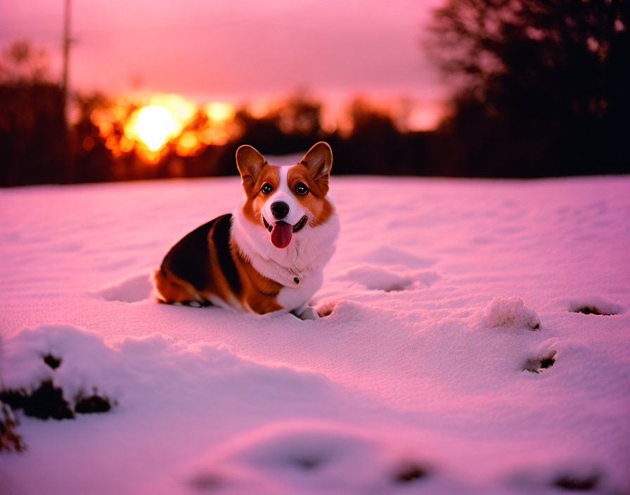 Cheerful corgi dog in snow with warm sunset