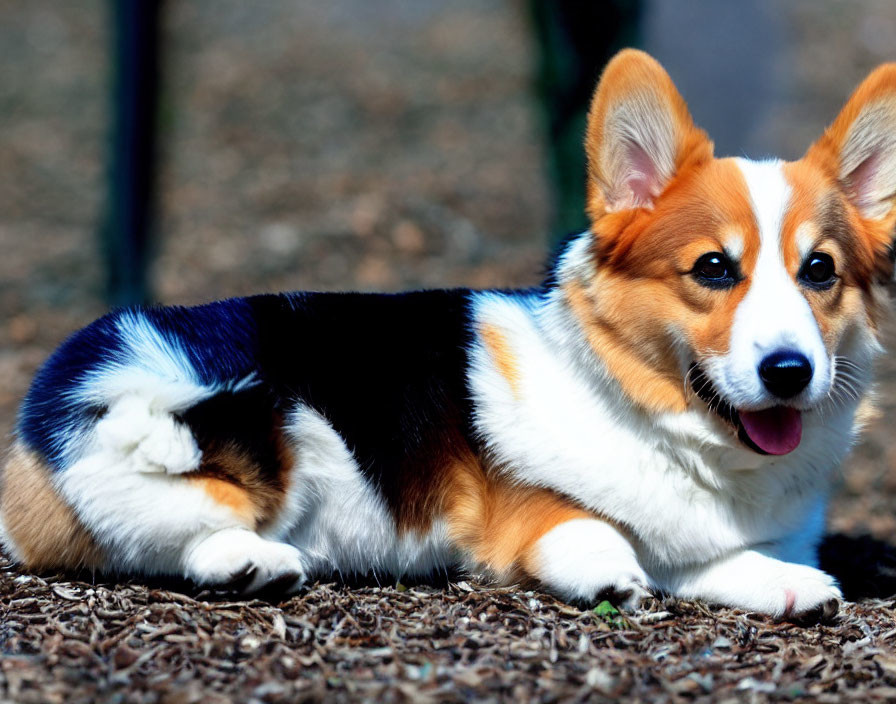 Tricolor Pembroke Welsh Corgi with erect ears and fluffy tail gazing at the camera