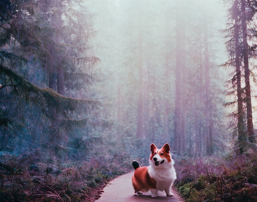 Corgi dog on forest path with misty trees