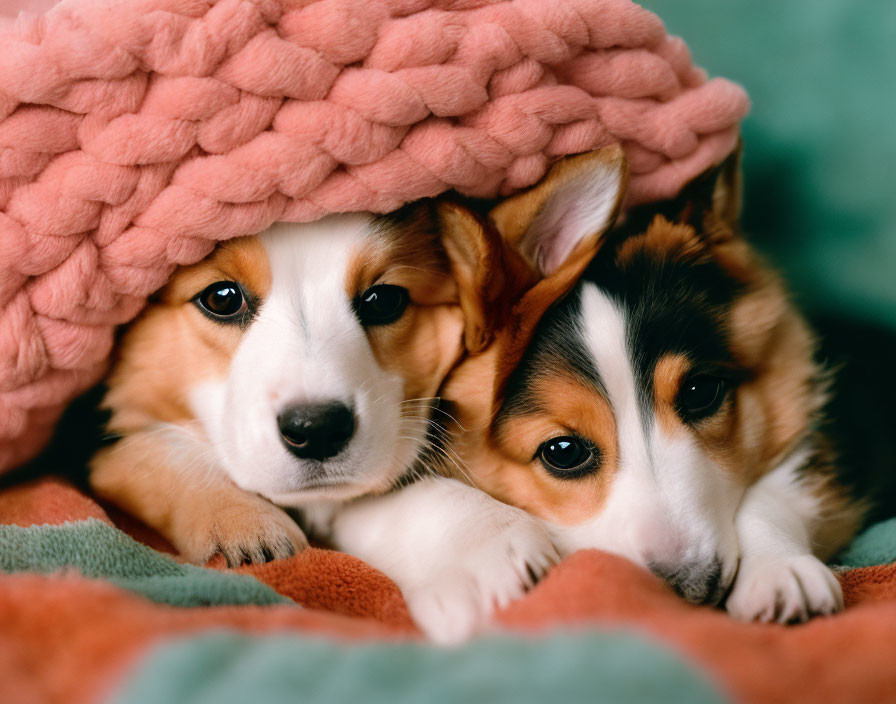 Two Corgi Puppies Snuggled Under Pink Knit Blanket