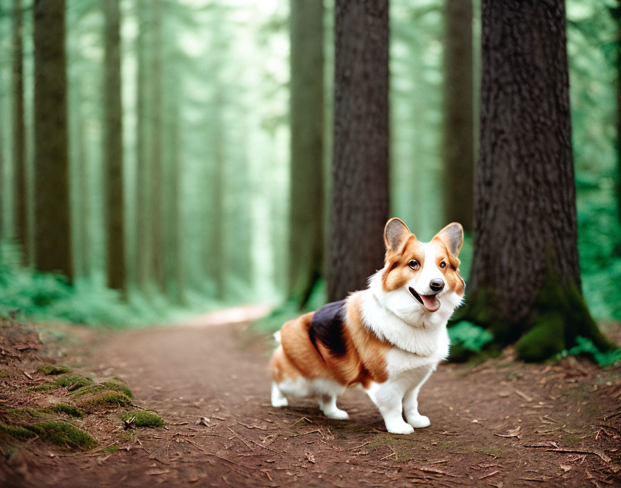 Playful Corgi Dog in Forest Trail with Tall Trees