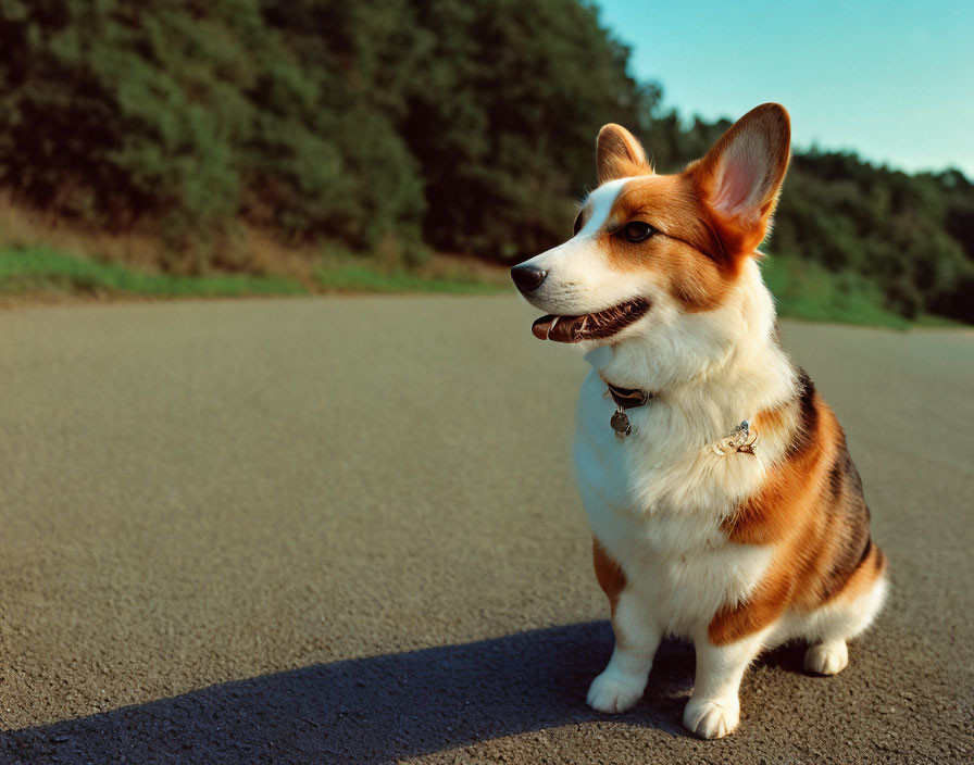 Vigilant Corgi Dog Standing on Empty Road with Trees and Clear Sky