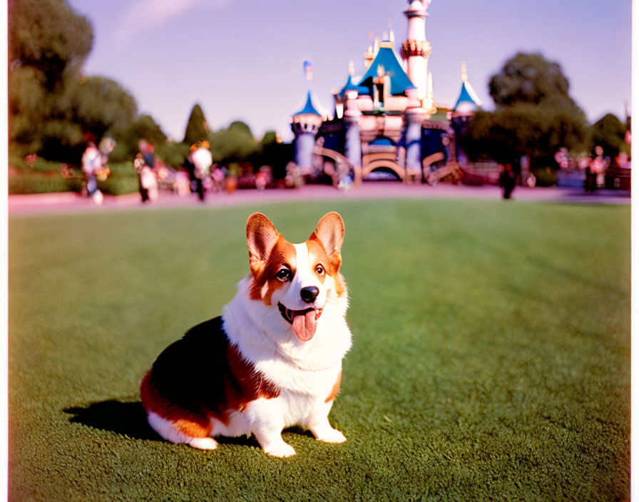 Cheerful Corgi on Grass with Colorful Castle and Blue Sky