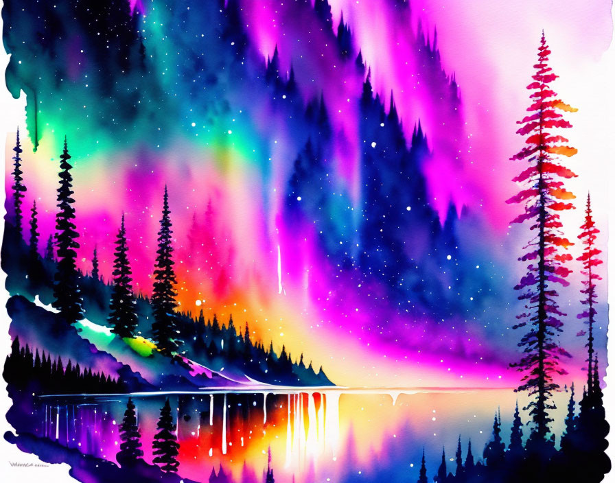 Night Landscape Watercolor Illustration with Northern Lights, Silhouetted Trees, and Reflective Lake