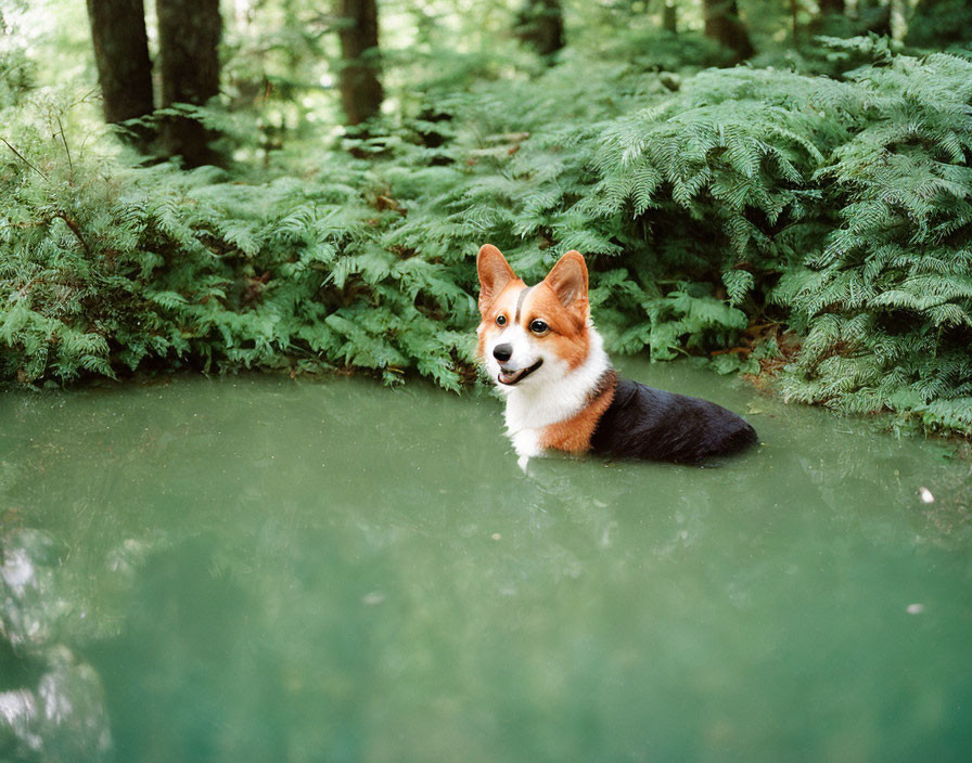 Pembroke Welsh Corgi in Shallow Water Surrounded by Green Ferns