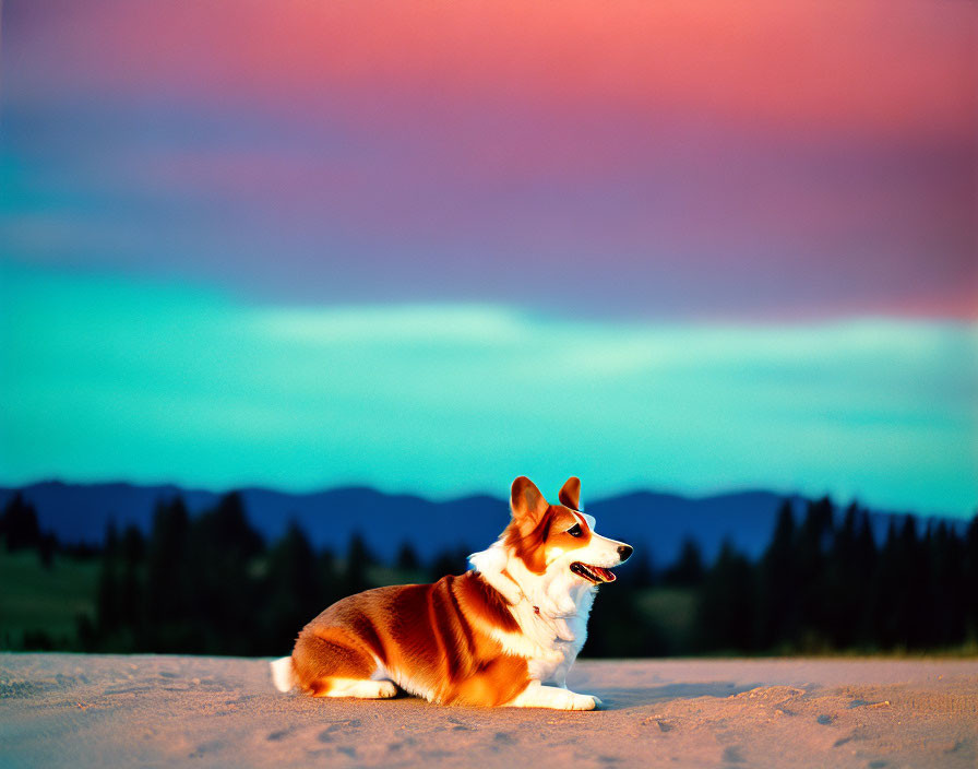 Corgi resting on sandy beach under colorful dusk sky