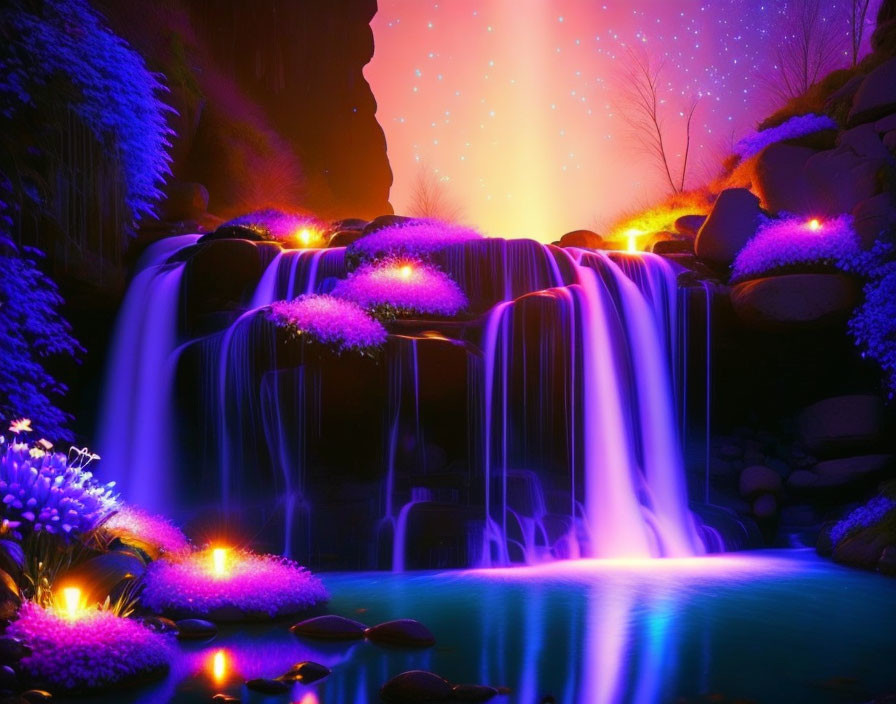 Colorful digital artwork: Night waterfall scene with purple hues & glowing flowers