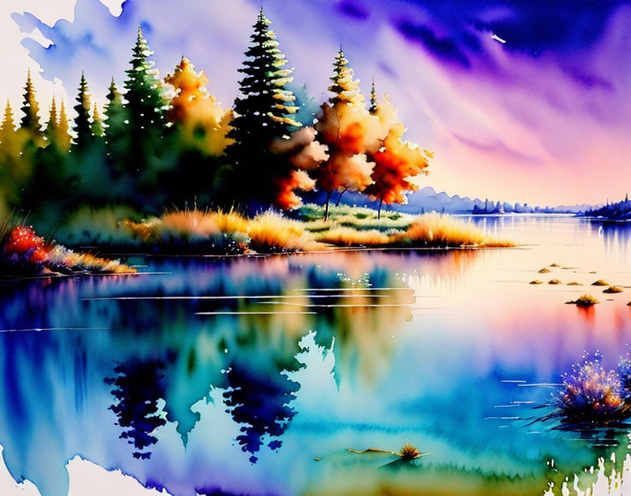 Colorful Watercolor Landscape: Calm Lake, Reflective Trees, Purple Sky