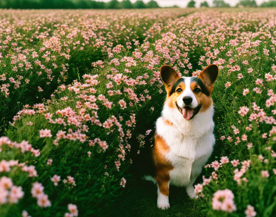 Happy Corgi Dog in Field of Pink Flowers and Green Leaves