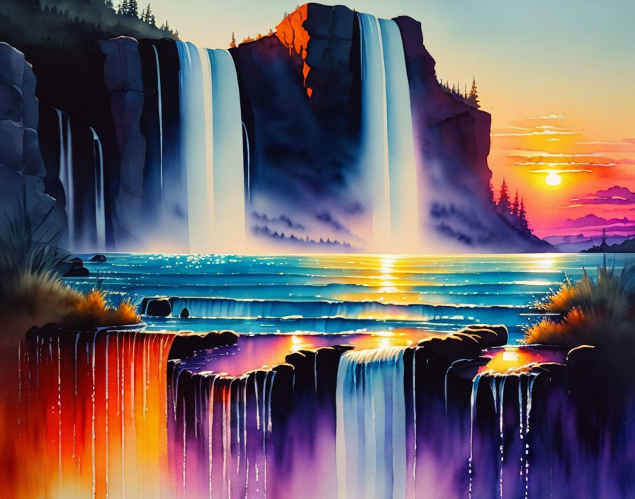 Scenic watercolor painting: waterfall at sunset with blue, purple, and orange hues