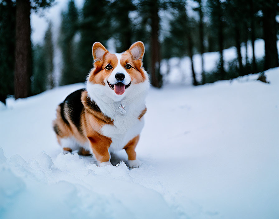 Pembroke Welsh Corgi in Snowy Forest Scene