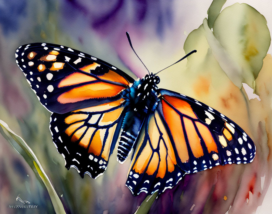 Colorful Monarch Butterfly Watercolor Painting on Green Foliage