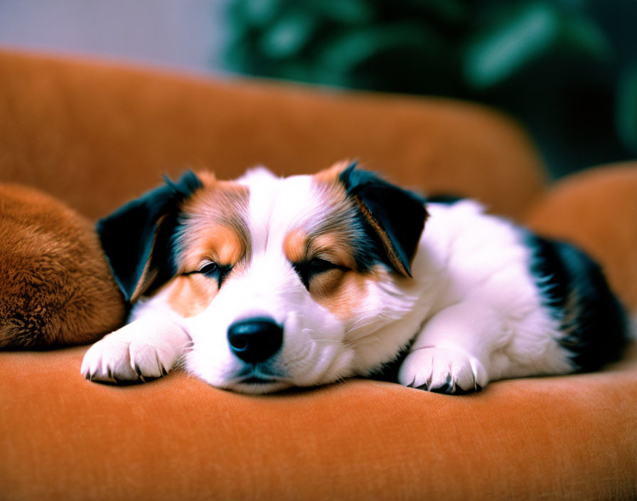 Fluffy tricolor puppy napping on orange sofa cushion