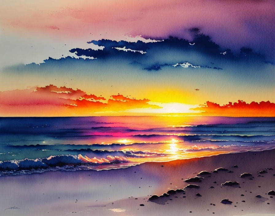 Colorful sunset beach watercolor painting with blue, pink, and orange skies.